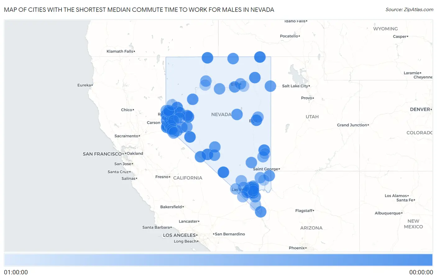 Cities with the Shortest Median Commute Time to Work for Males in Nevada Map