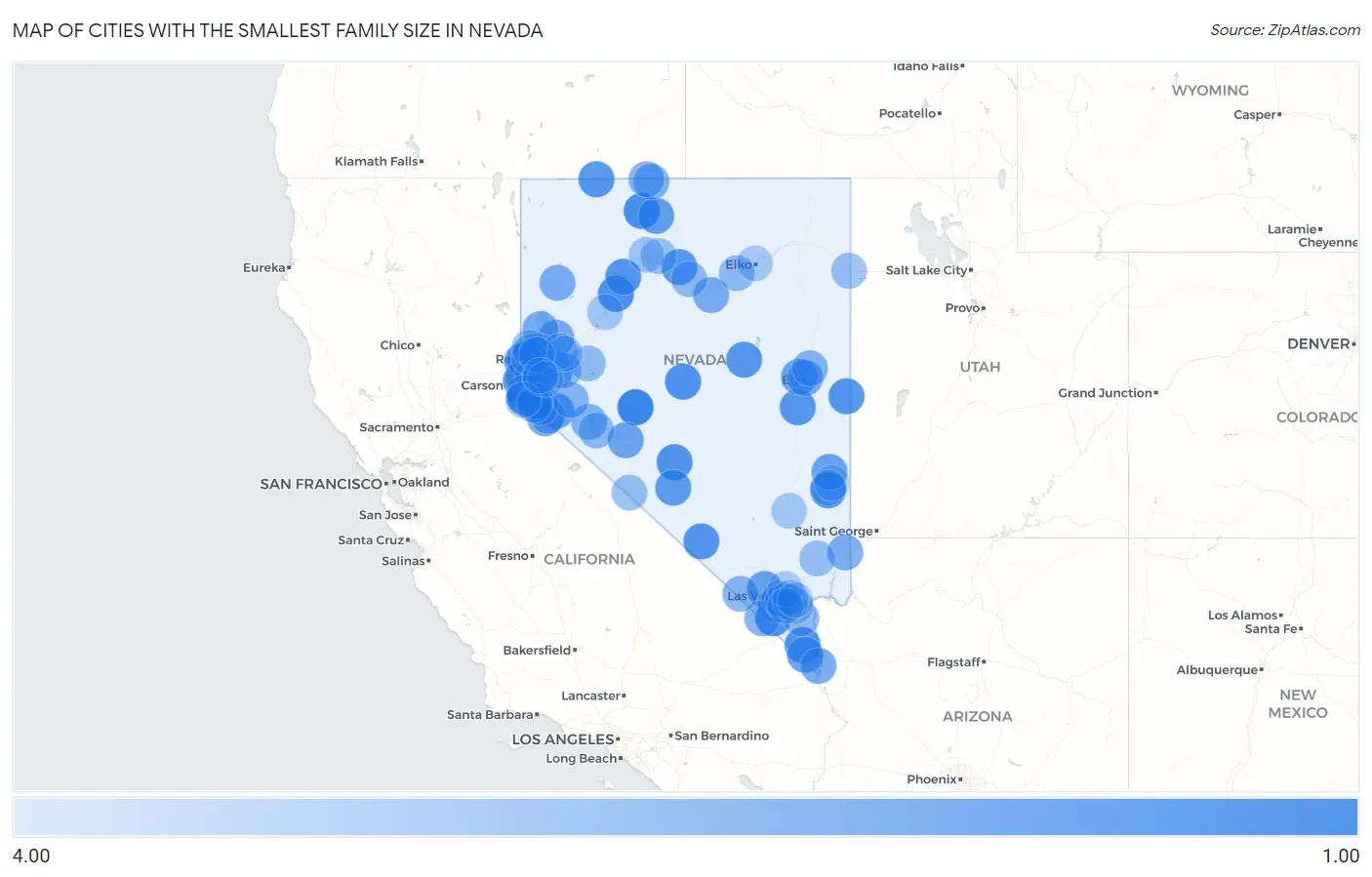 Cities with the Smallest Family Size in Nevada Map