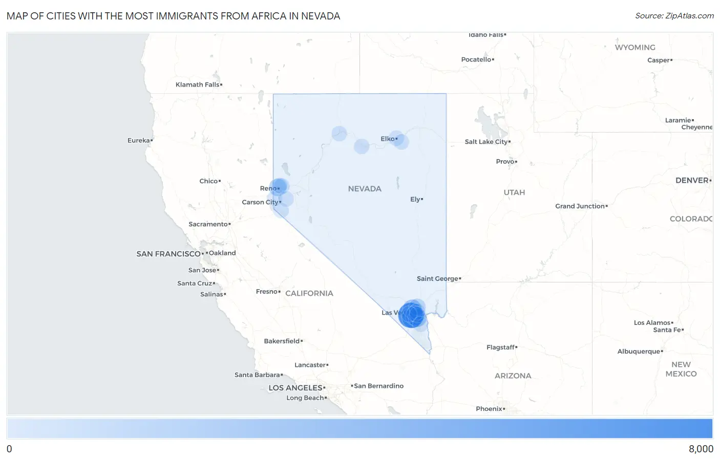 Cities with the Most Immigrants from Africa in Nevada Map