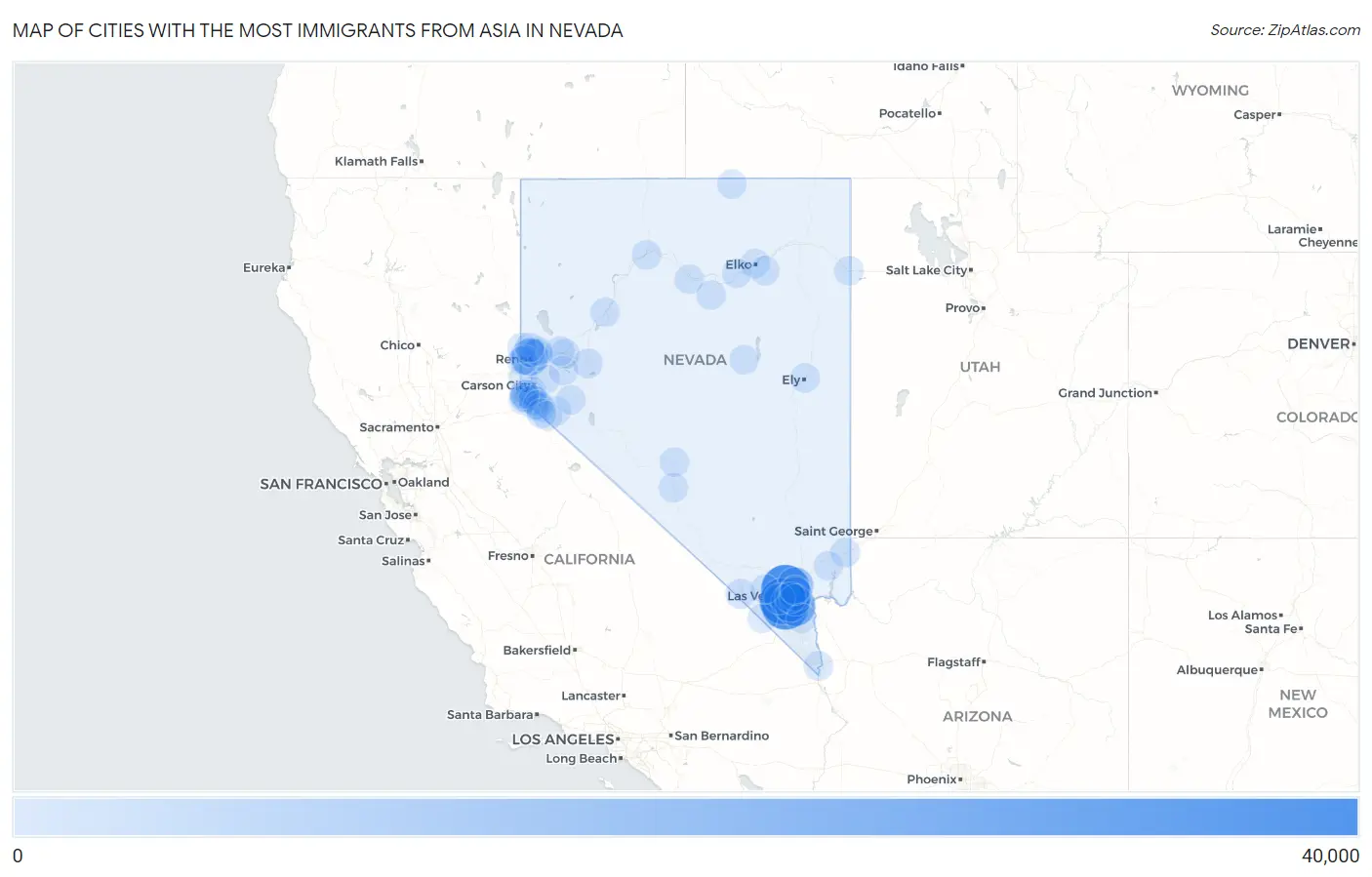 Cities with the Most Immigrants from Asia in Nevada Map