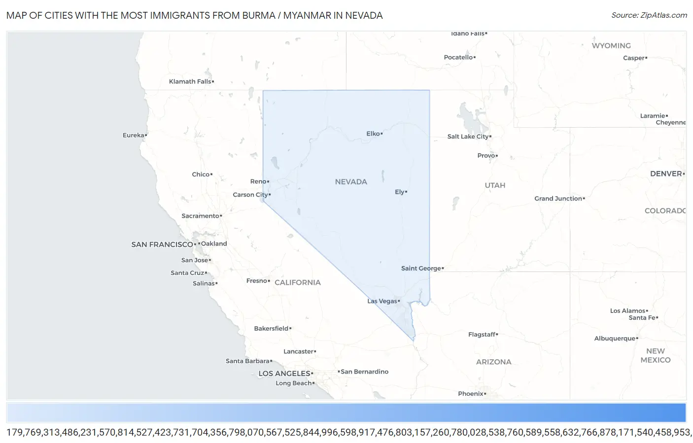 Cities with the Most Immigrants from Burma / Myanmar in Nevada Map