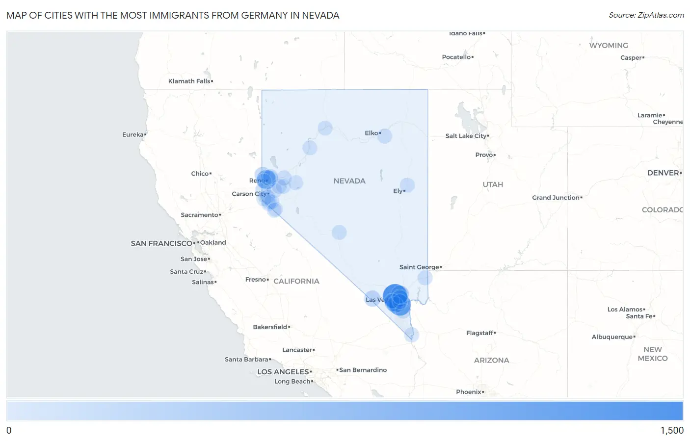 Cities with the Most Immigrants from Germany in Nevada Map