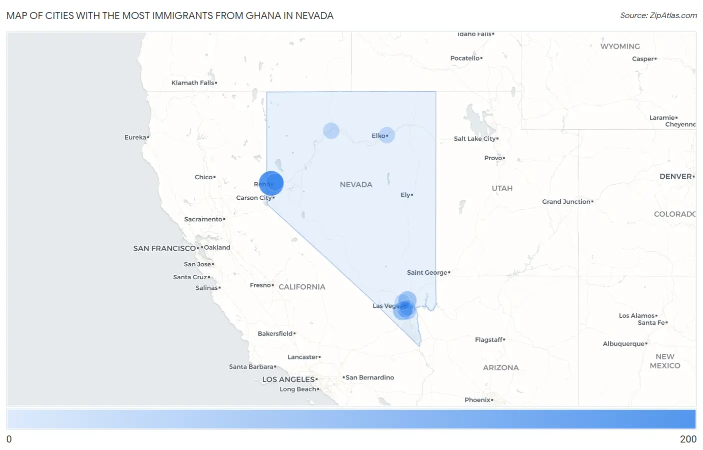Cities with the Most Immigrants from Ghana in Nevada Map