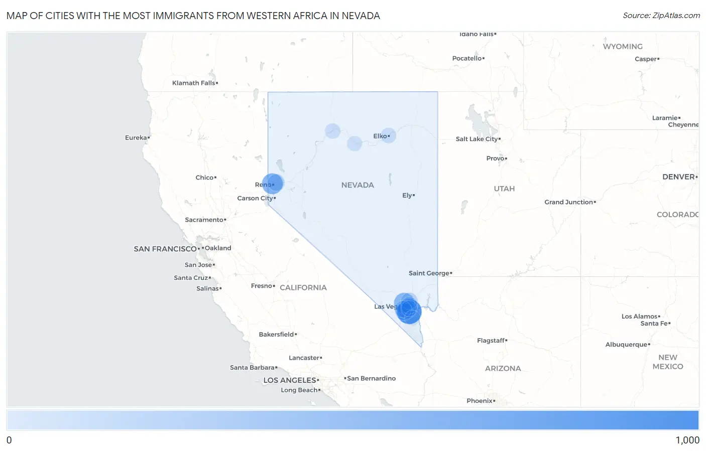 Cities with the Most Immigrants from Western Africa in Nevada Map
