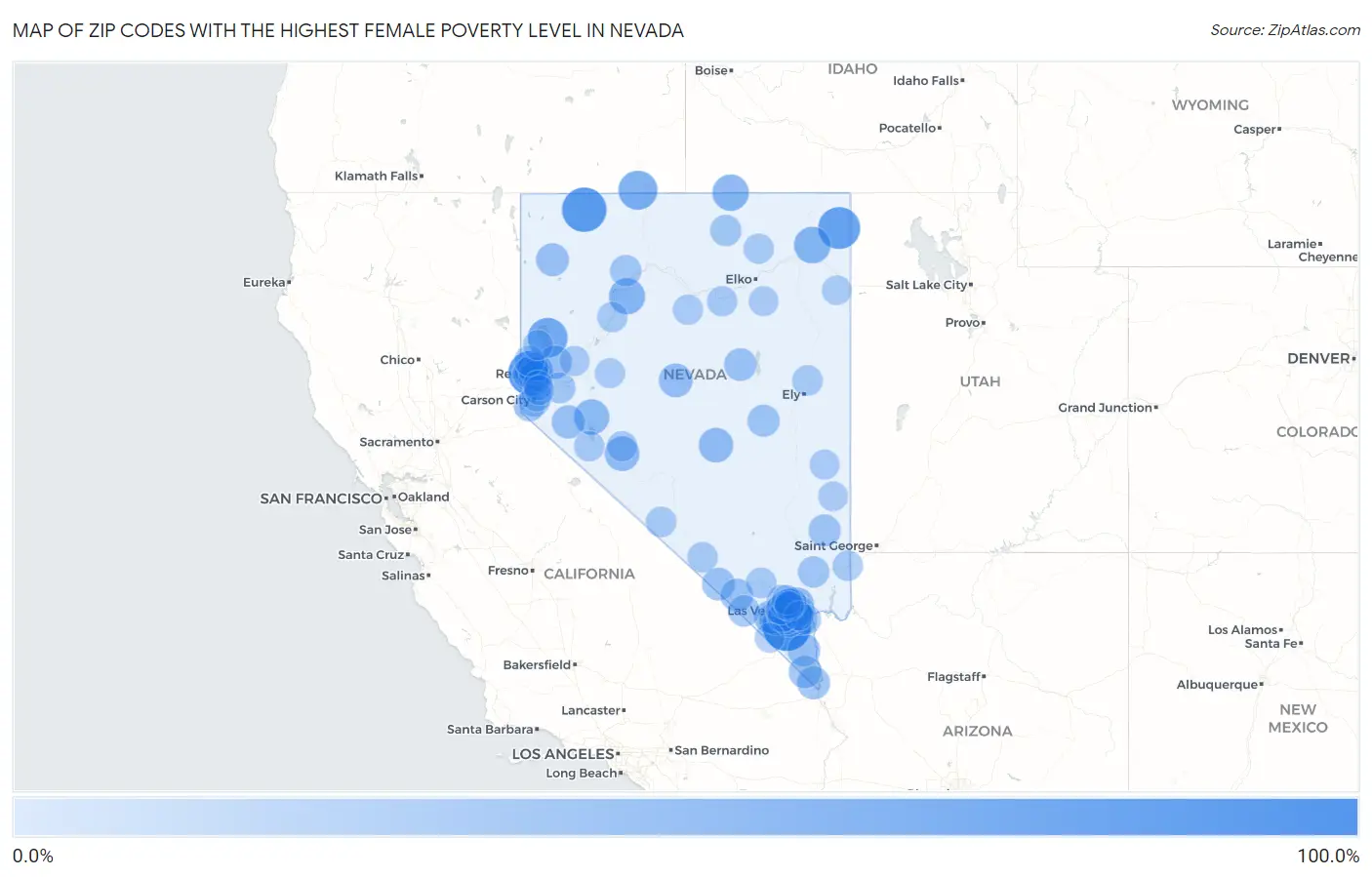 Zip Codes with the Highest Female Poverty Level in Nevada Map