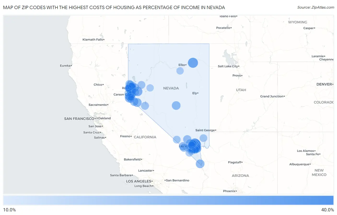 Zip Codes with the Highest Costs of Housing as Percentage of Income in Nevada Map