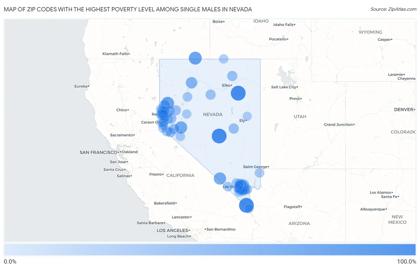 Zip Codes with the Highest Poverty Level Among Single Males in Nevada Map