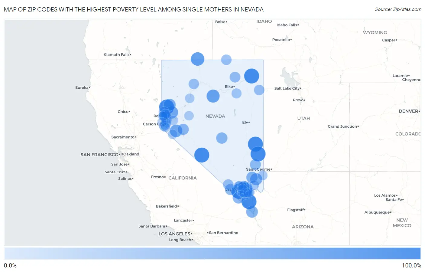 Zip Codes with the Highest Poverty Level Among Single Mothers in Nevada Map