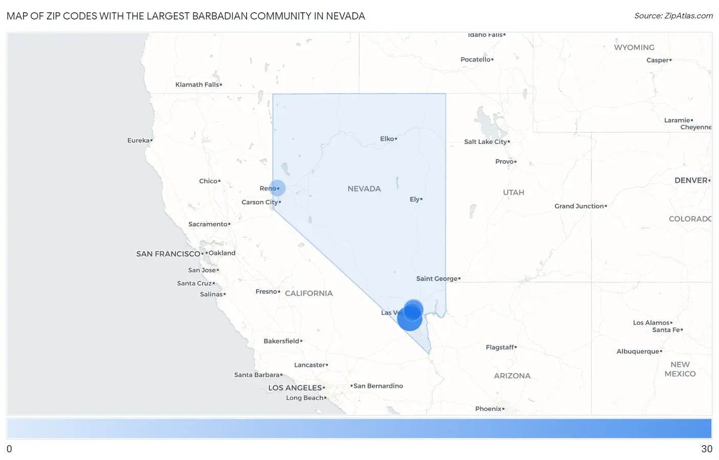 Zip Codes with the Largest Barbadian Community in Nevada Map
