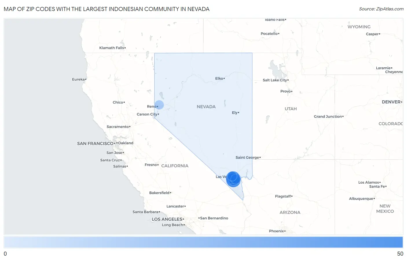 Zip Codes with the Largest Indonesian Community in Nevada Map