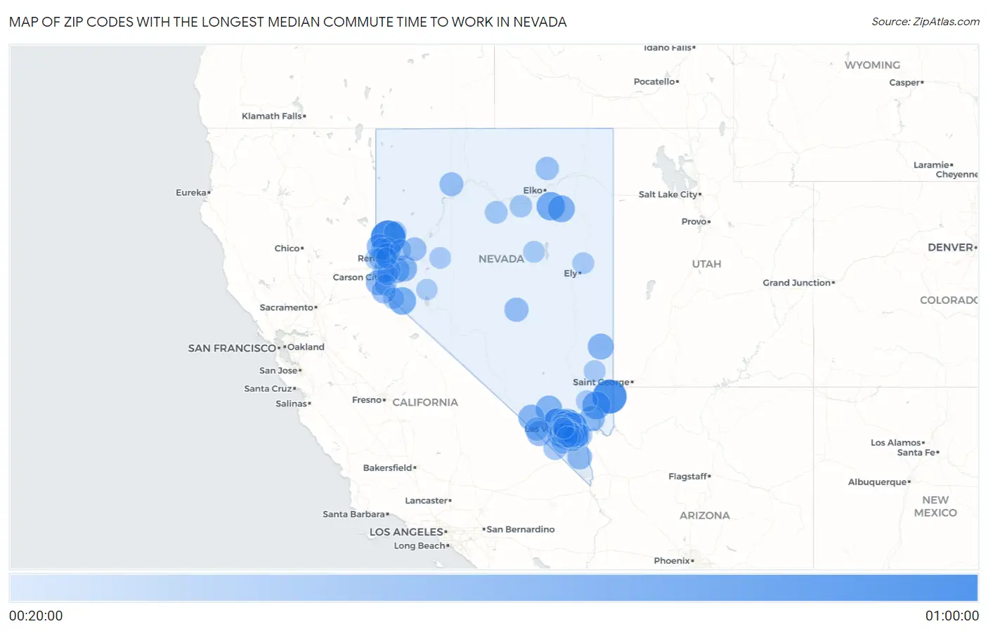 Zip Codes with the Longest Median Commute Time to Work in Nevada Map