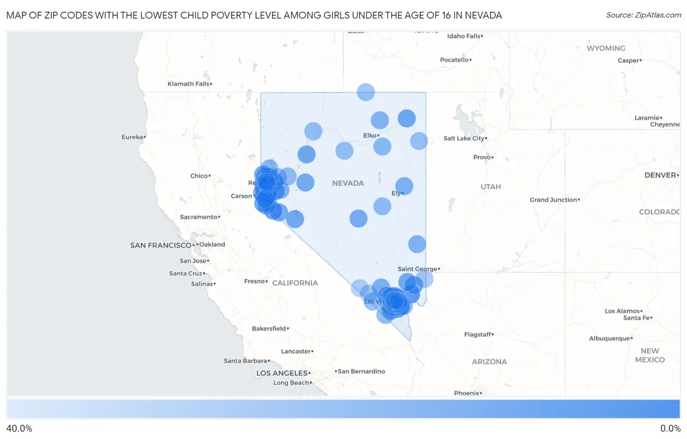 Zip Codes with the Lowest Child Poverty Level Among Girls Under the Age of 16 in Nevada Map