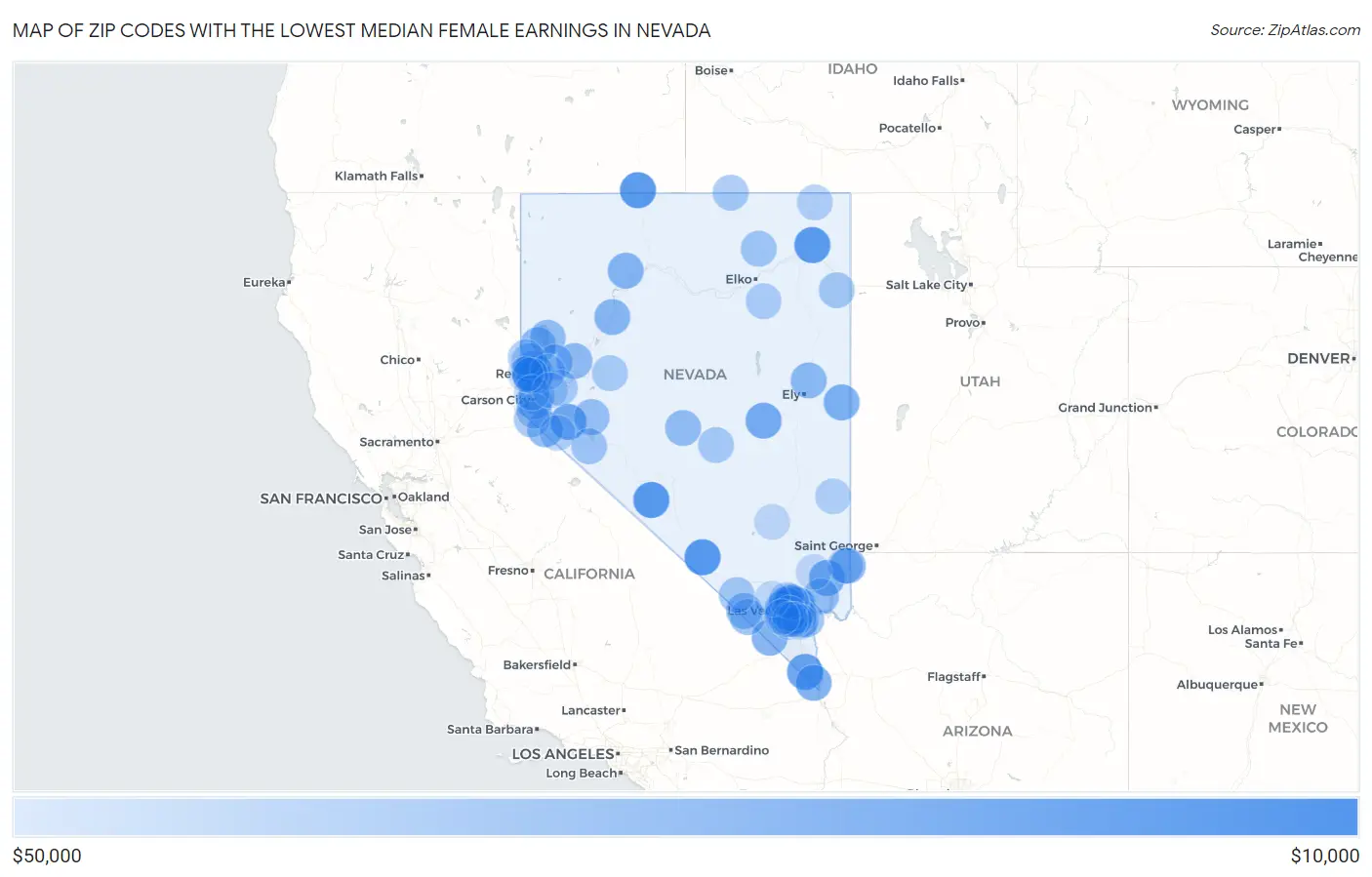 Zip Codes with the Lowest Median Female Earnings in Nevada Map