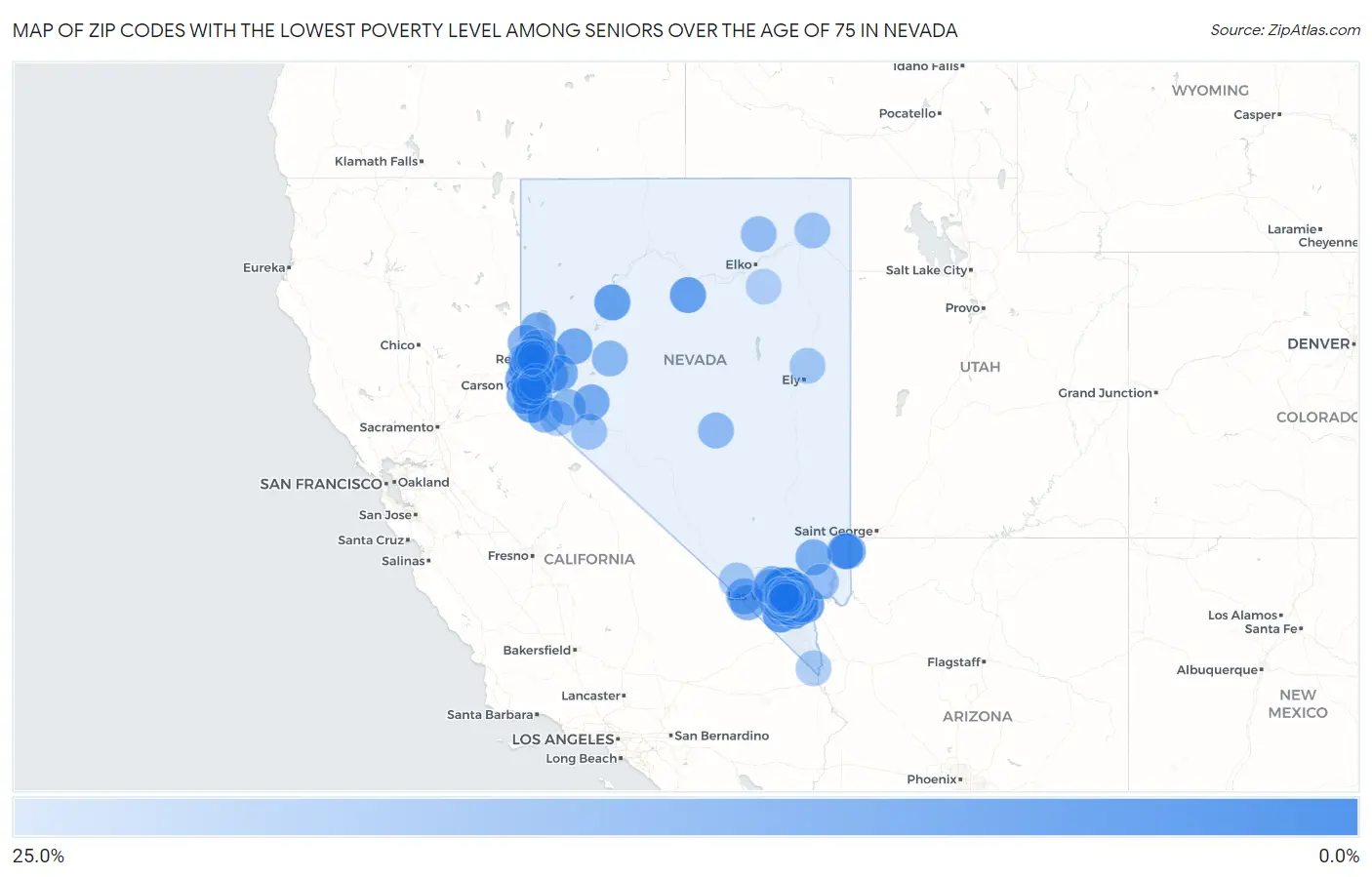Zip Codes with the Lowest Poverty Level Among Seniors Over the Age of 75 in Nevada Map