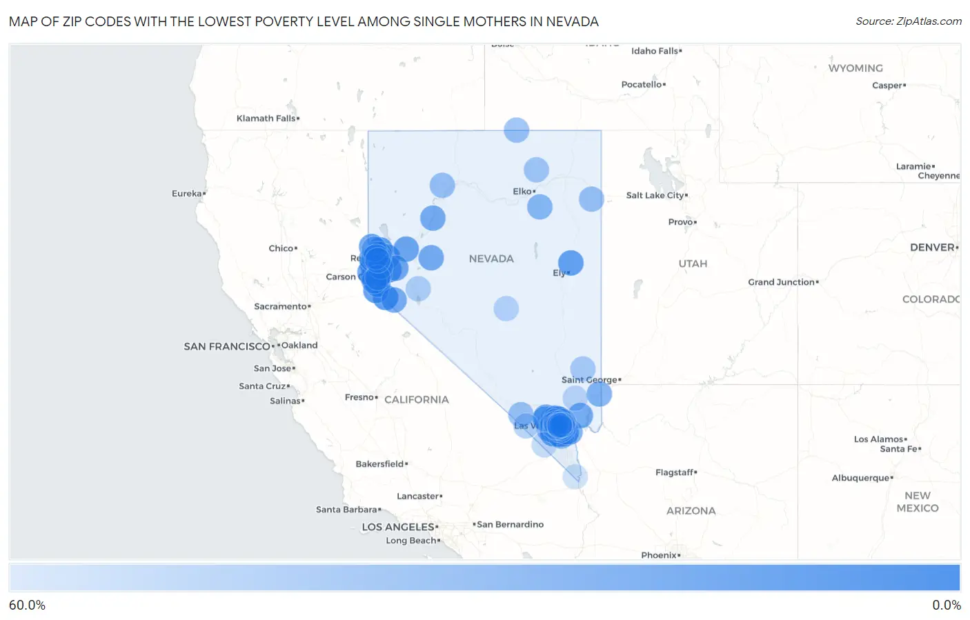 Zip Codes with the Lowest Poverty Level Among Single Mothers in Nevada Map