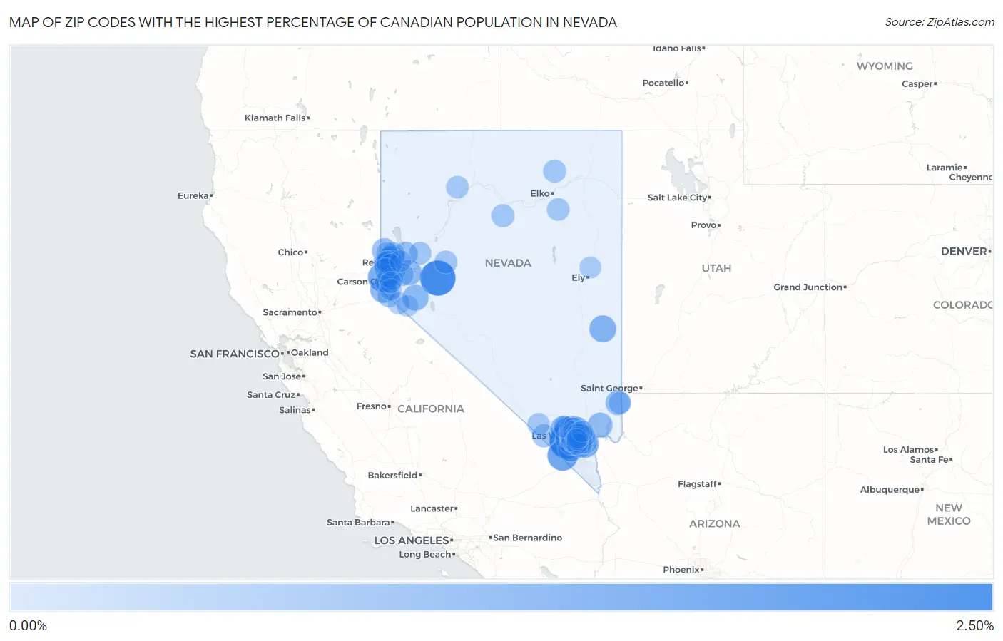 Zip Codes with the Highest Percentage of Canadian Population in Nevada Map