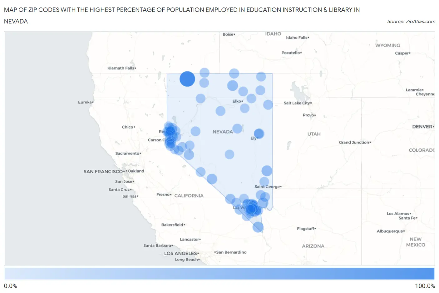 Zip Codes with the Highest Percentage of Population Employed in Education Instruction & Library in Nevada Map