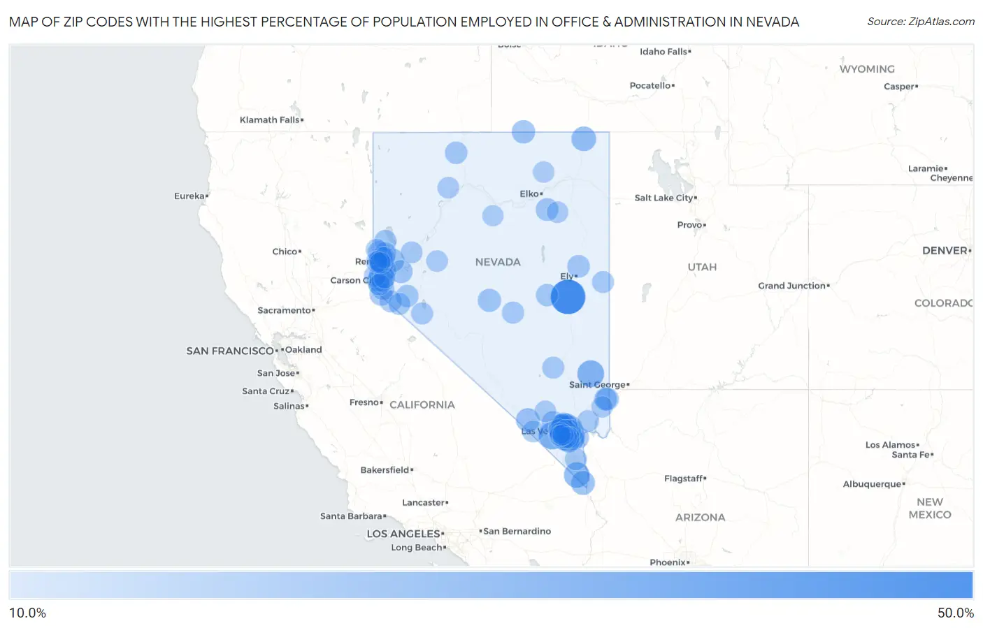 Zip Codes with the Highest Percentage of Population Employed in Office & Administration in Nevada Map