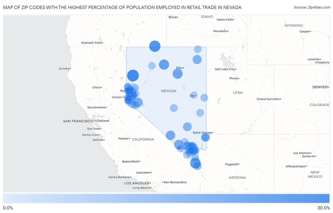 Zip Codes with the Highest Percentage of Population Employed in Retail Trade in Nevada Map