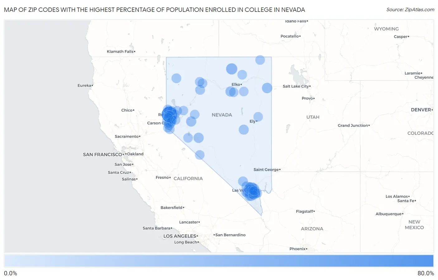 Zip Codes with the Highest Percentage of Population Enrolled in College in Nevada Map