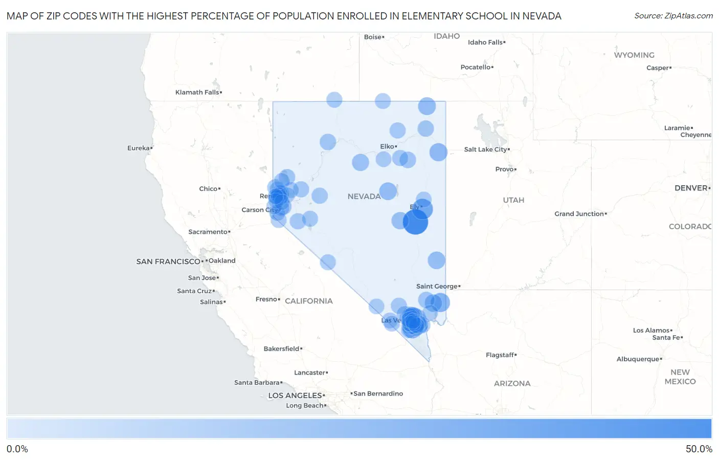 Zip Codes with the Highest Percentage of Population Enrolled in Elementary School in Nevada Map