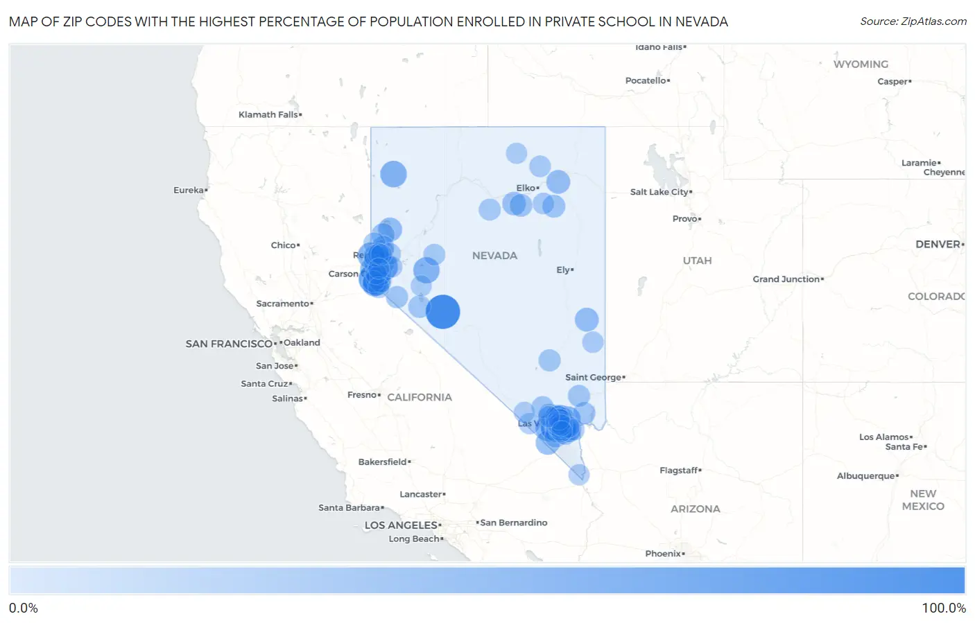 Zip Codes with the Highest Percentage of Population Enrolled in Private School in Nevada Map