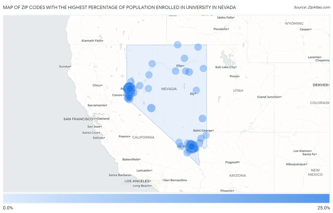 Zip Codes with the Highest Percentage of Population Enrolled in University in Nevada Map