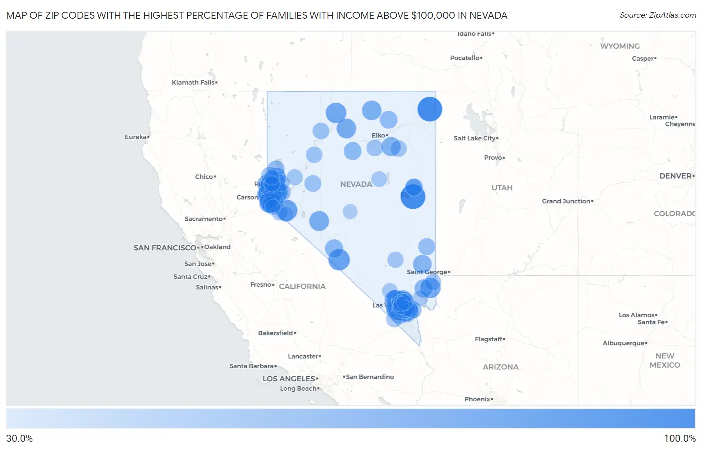 Zip Codes with the Highest Percentage of Families with Income Above $100,000 in Nevada Map