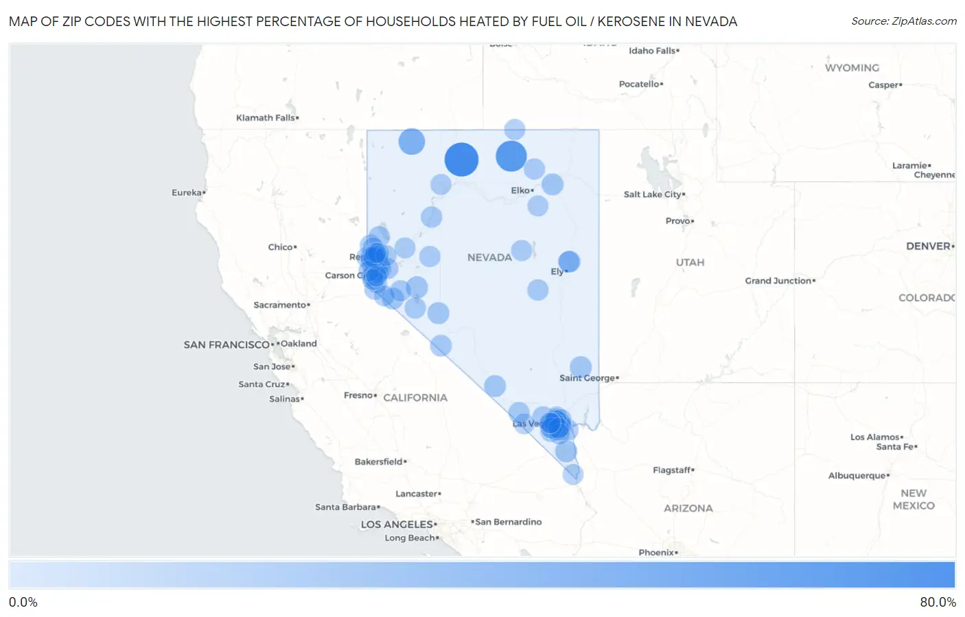 Zip Codes with the Highest Percentage of Households Heated by Fuel Oil / Kerosene in Nevada Map