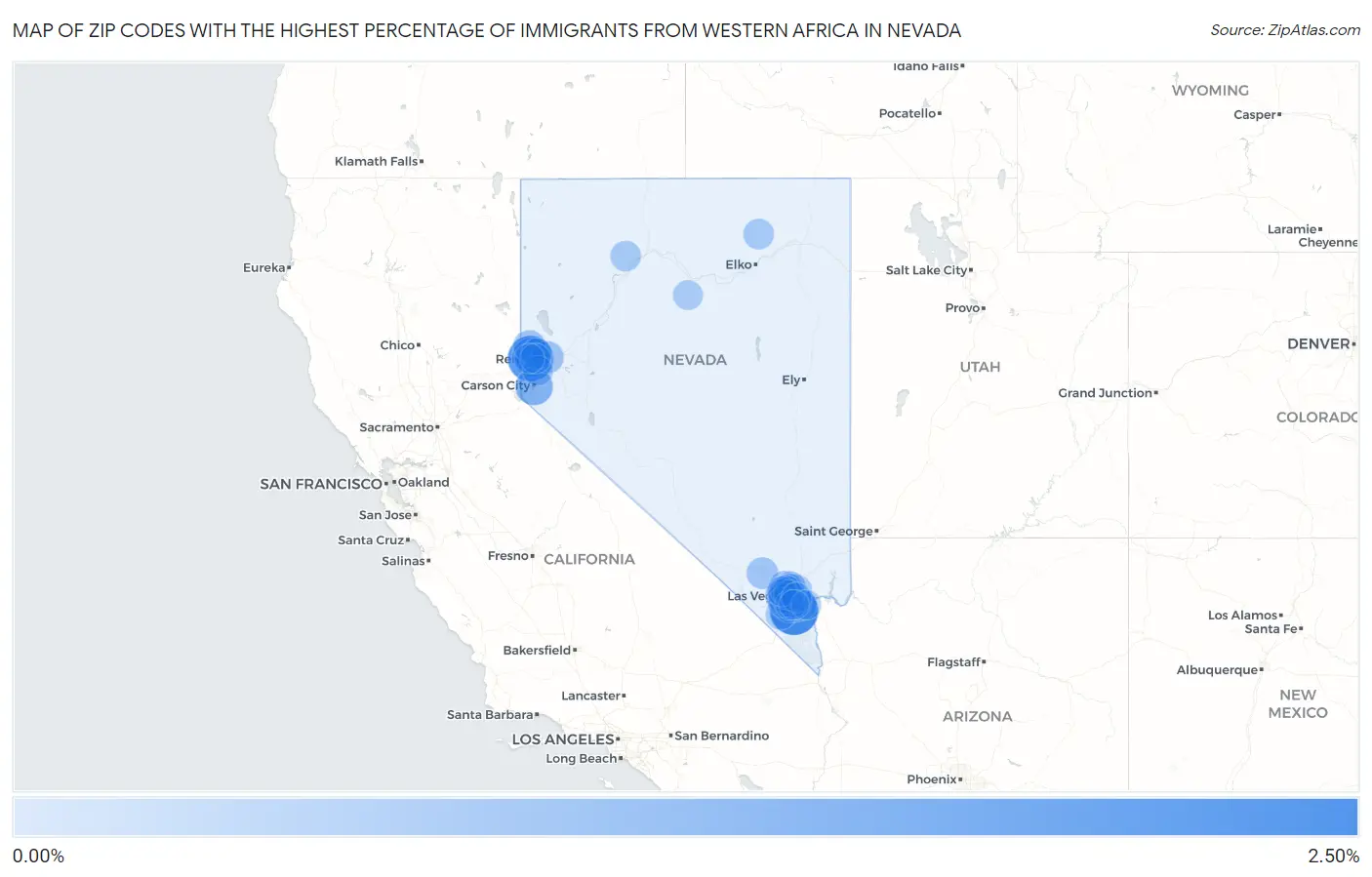 Zip Codes with the Highest Percentage of Immigrants from Western Africa in Nevada Map