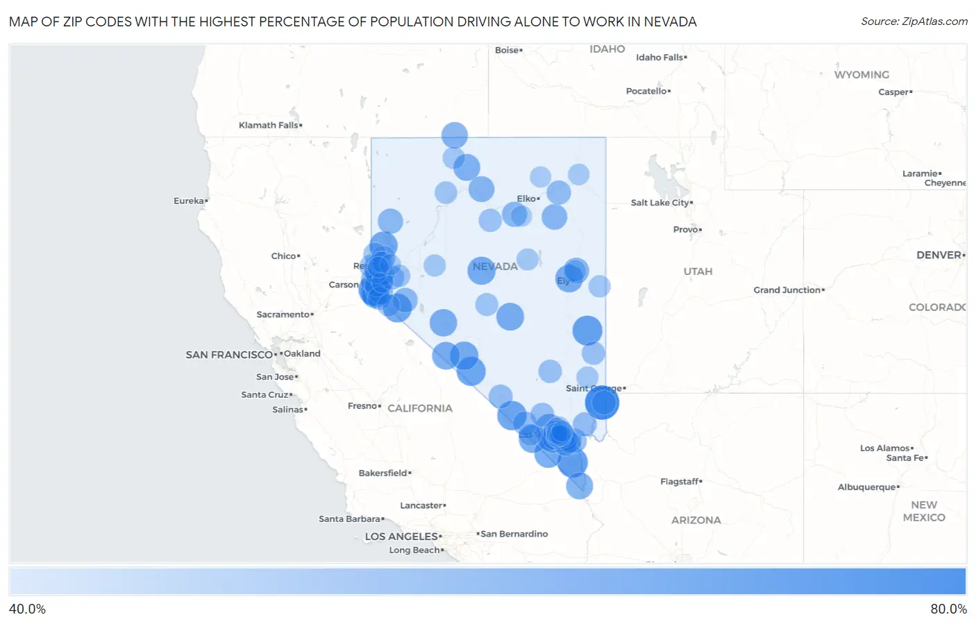 Zip Codes with the Highest Percentage of Population Driving Alone to Work in Nevada Map