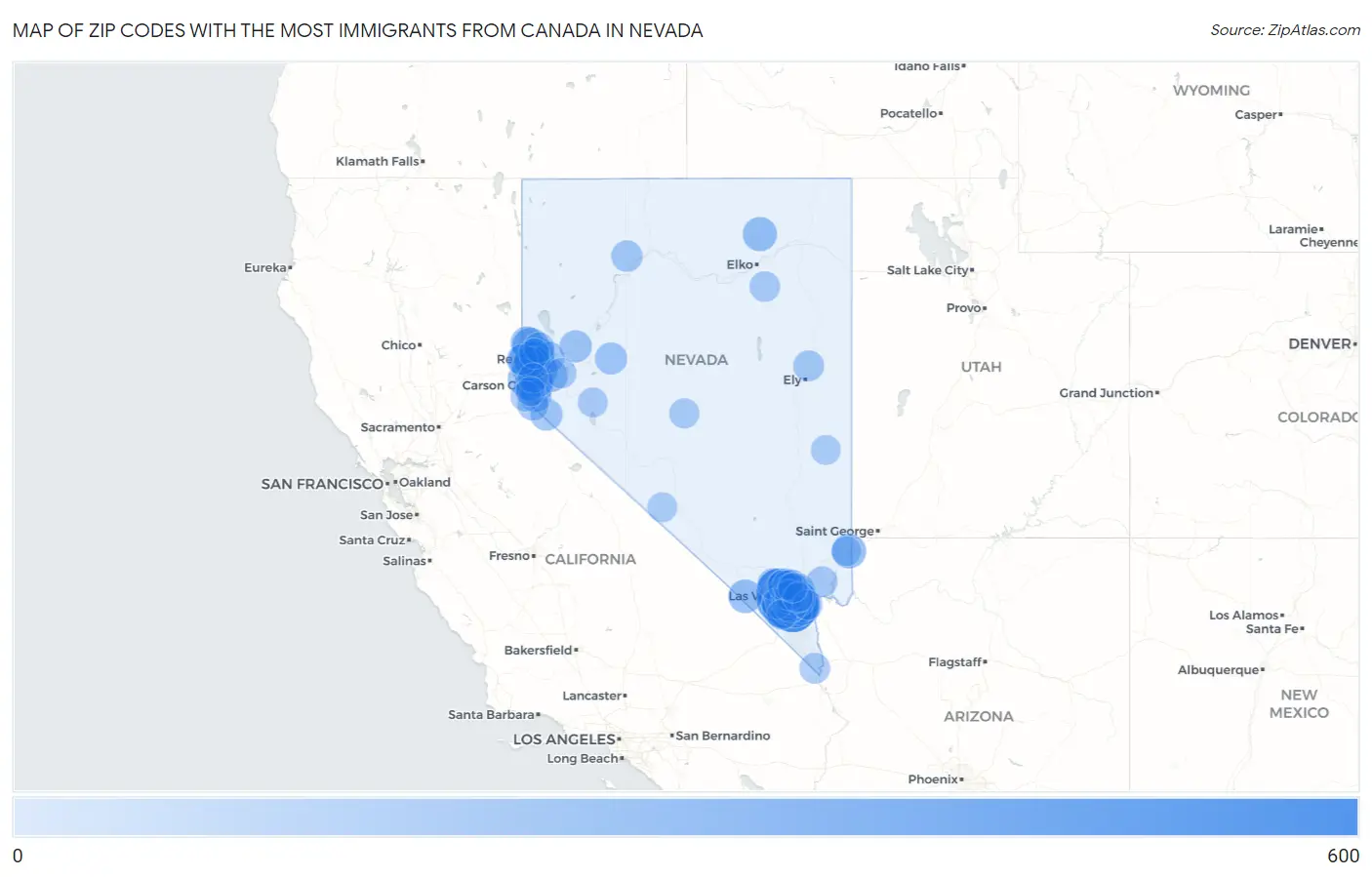 Zip Codes with the Most Immigrants from Canada in Nevada Map