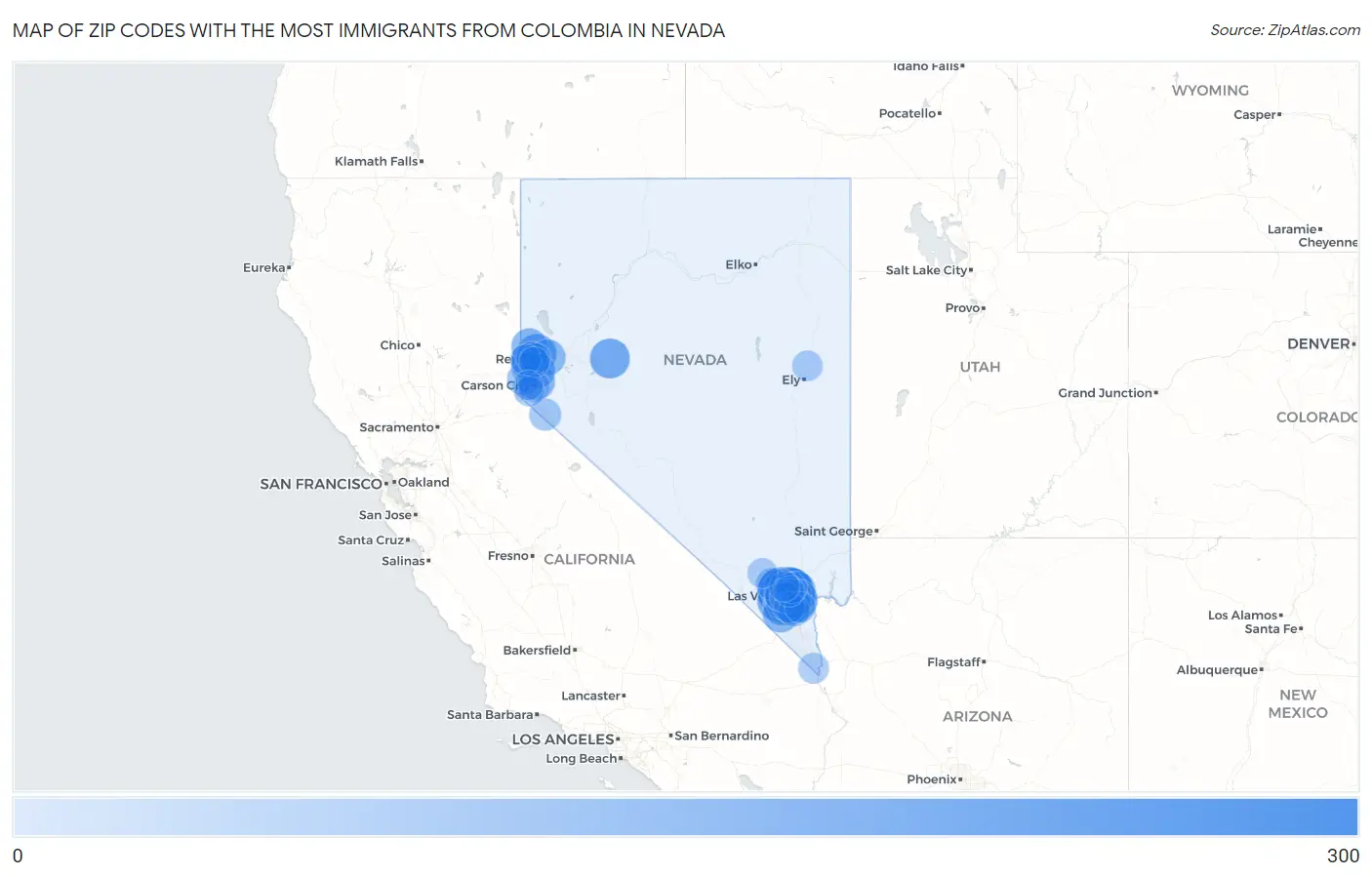 Zip Codes with the Most Immigrants from Colombia in Nevada Map