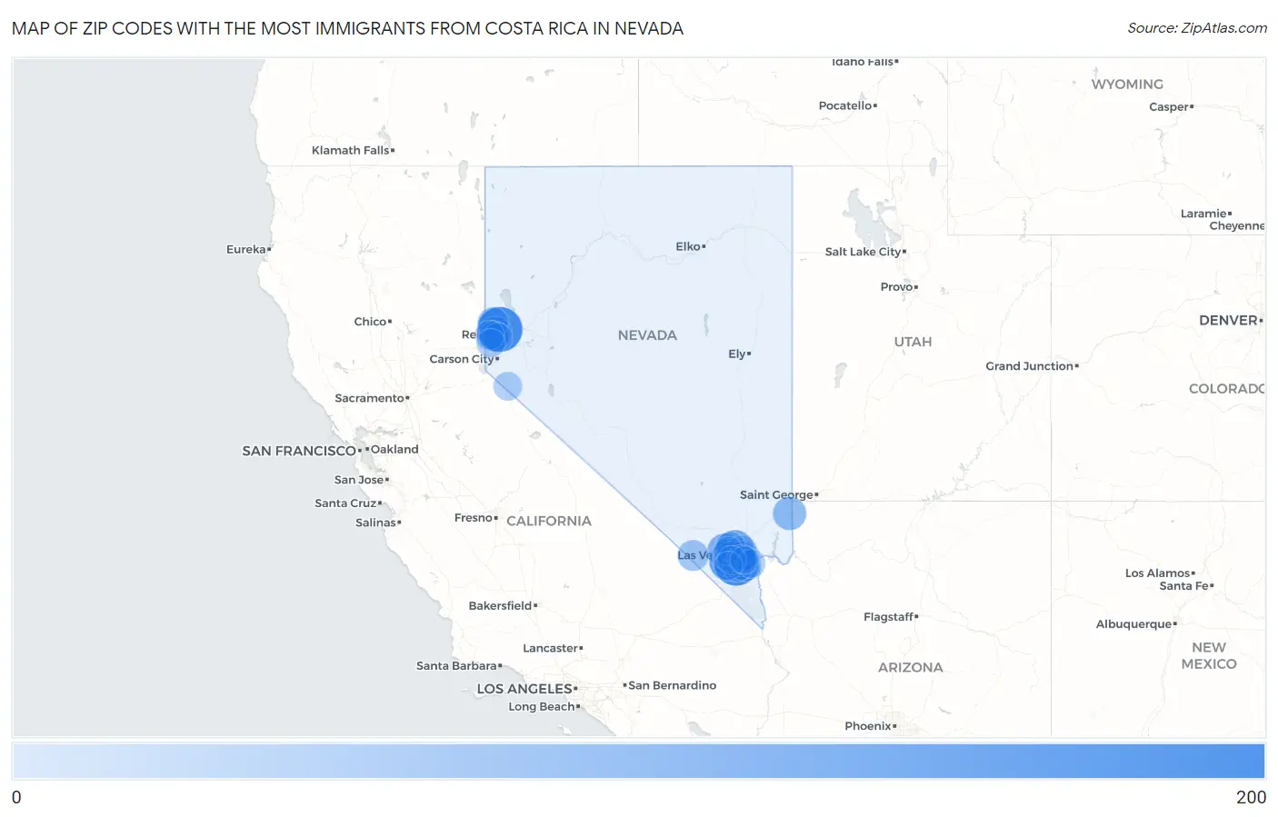 Zip Codes with the Most Immigrants from Costa Rica in Nevada Map