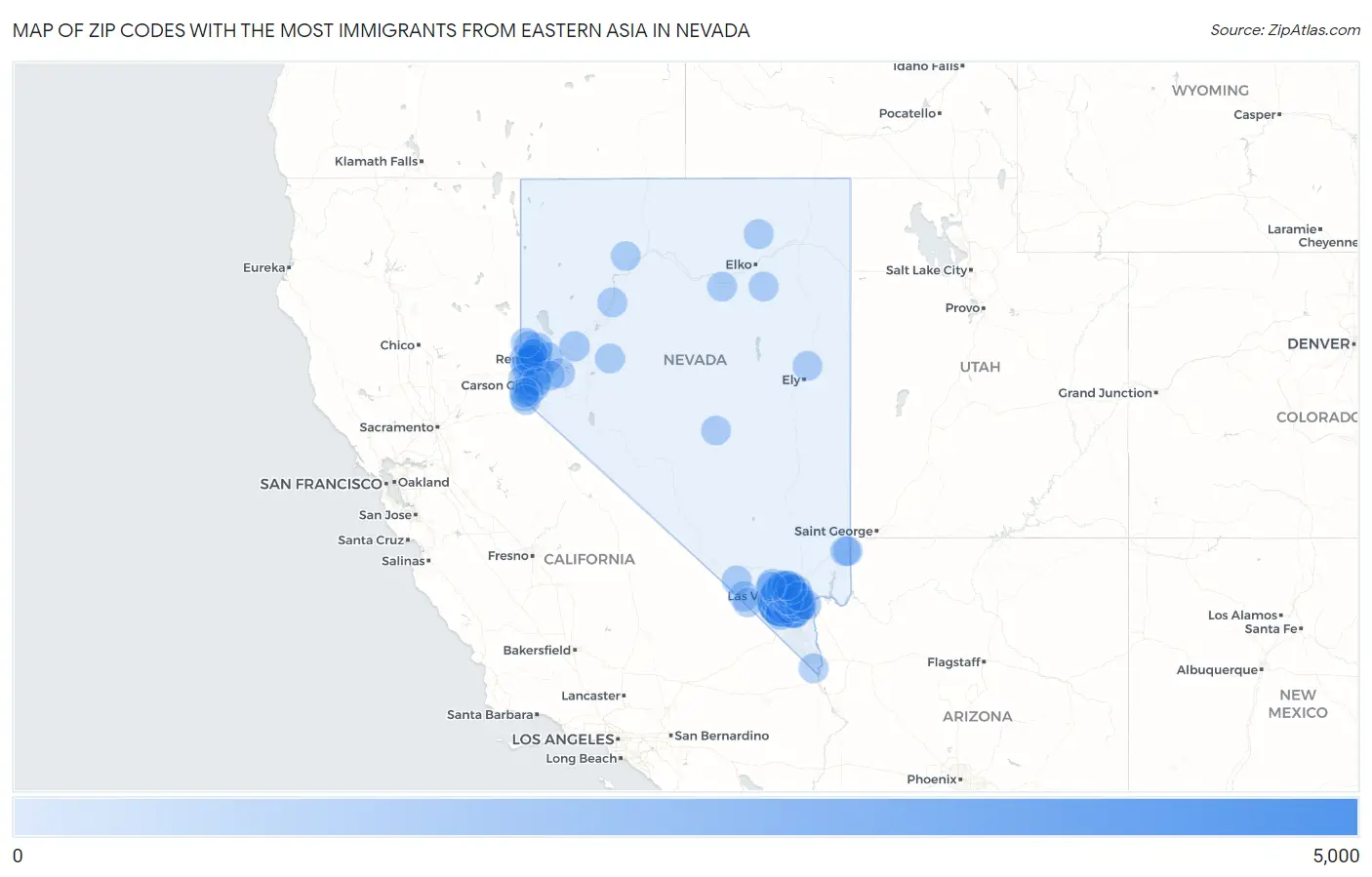 Zip Codes with the Most Immigrants from Eastern Asia in Nevada Map
