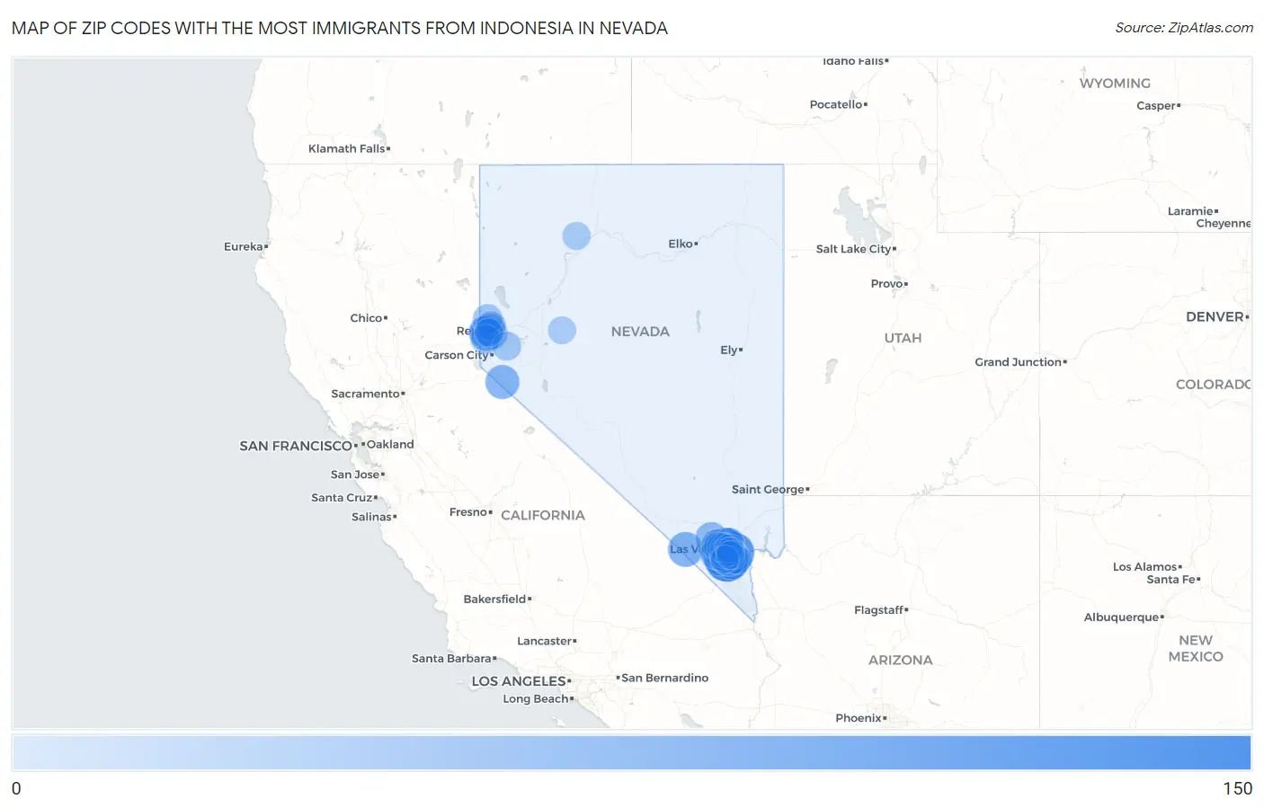 Zip Codes with the Most Immigrants from Indonesia in Nevada Map