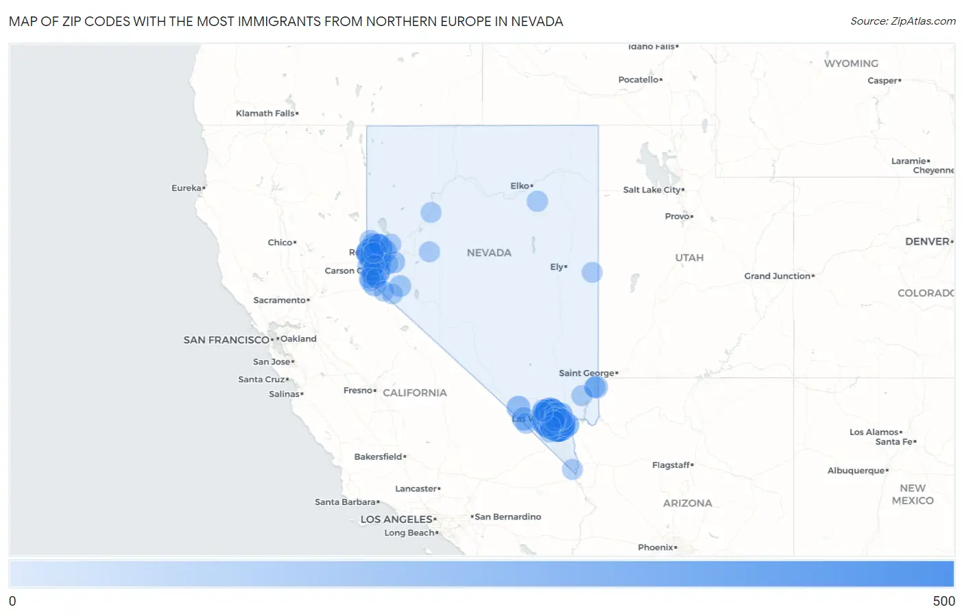 Zip Codes with the Most Immigrants from Northern Europe in Nevada Map