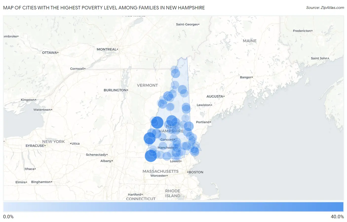 Cities with the Highest Poverty Level Among Families in New Hampshire Map