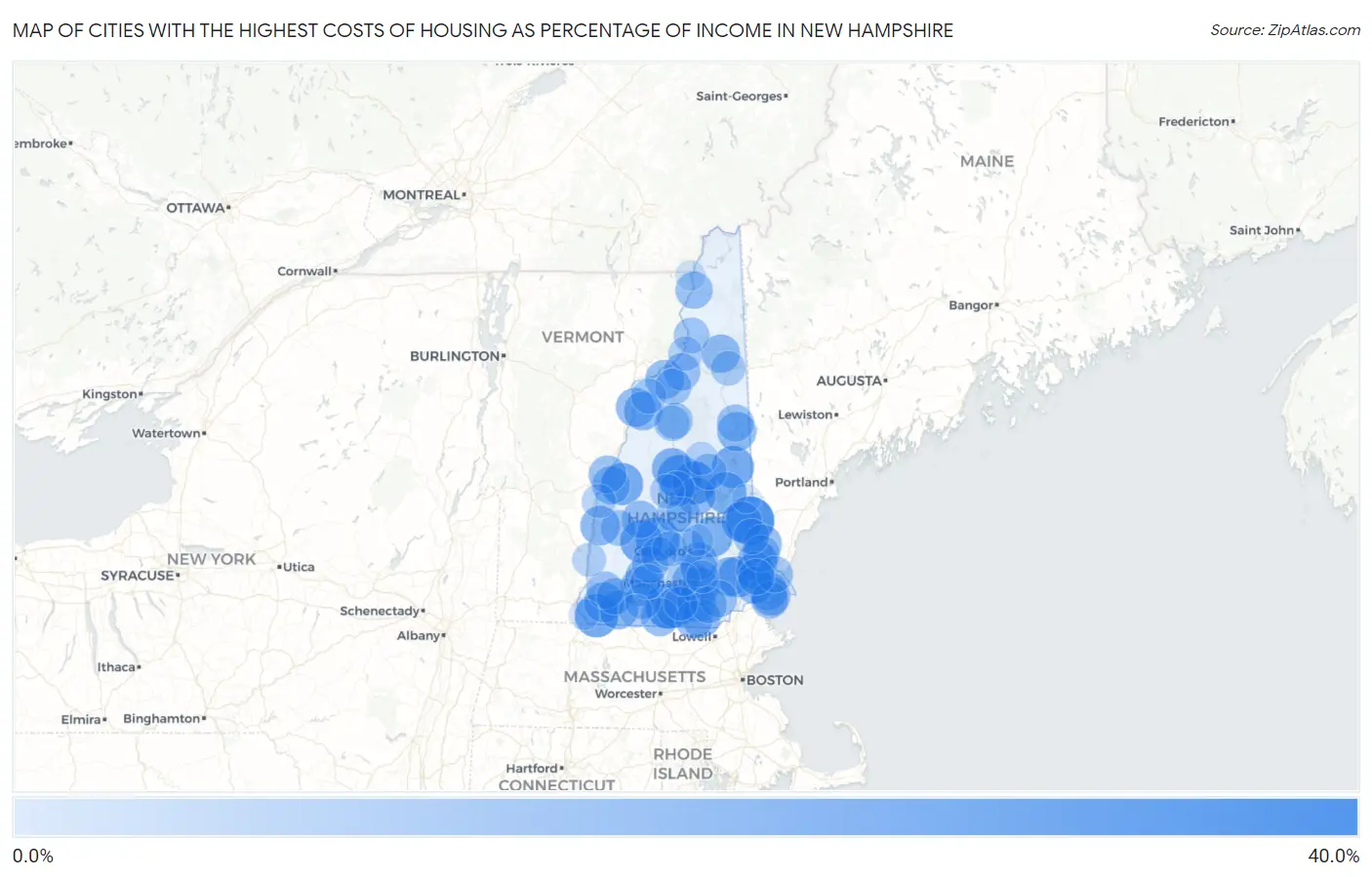 Cities with the Highest Costs of Housing as Percentage of Income in New Hampshire Map