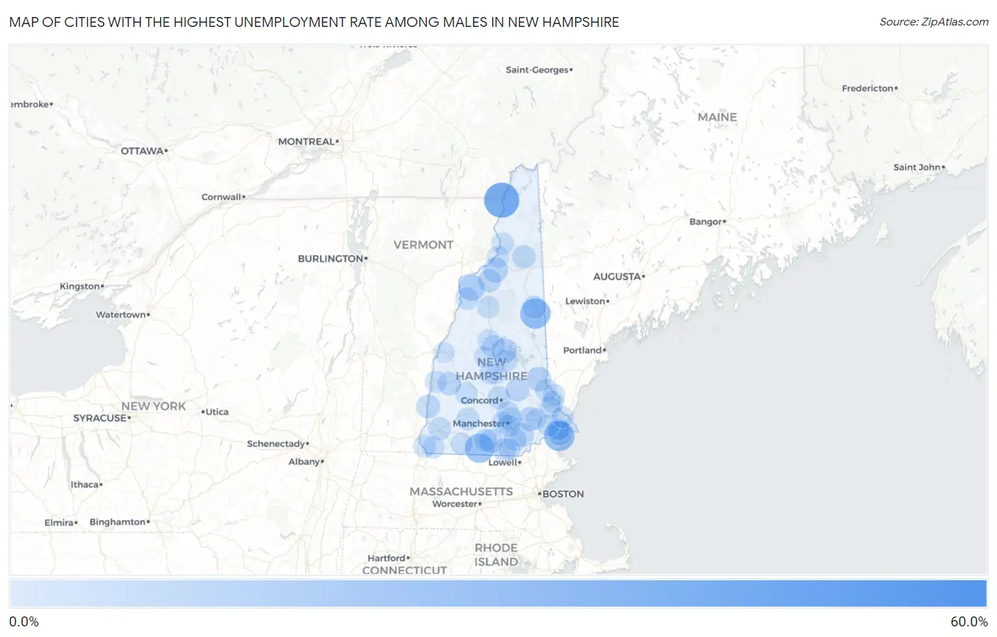 Cities with the Highest Unemployment Rate Among Males in New Hampshire Map