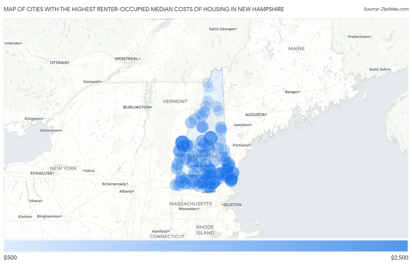 Cities with the Highest Renter-Occupied Median Costs of Housing in New Hampshire Map