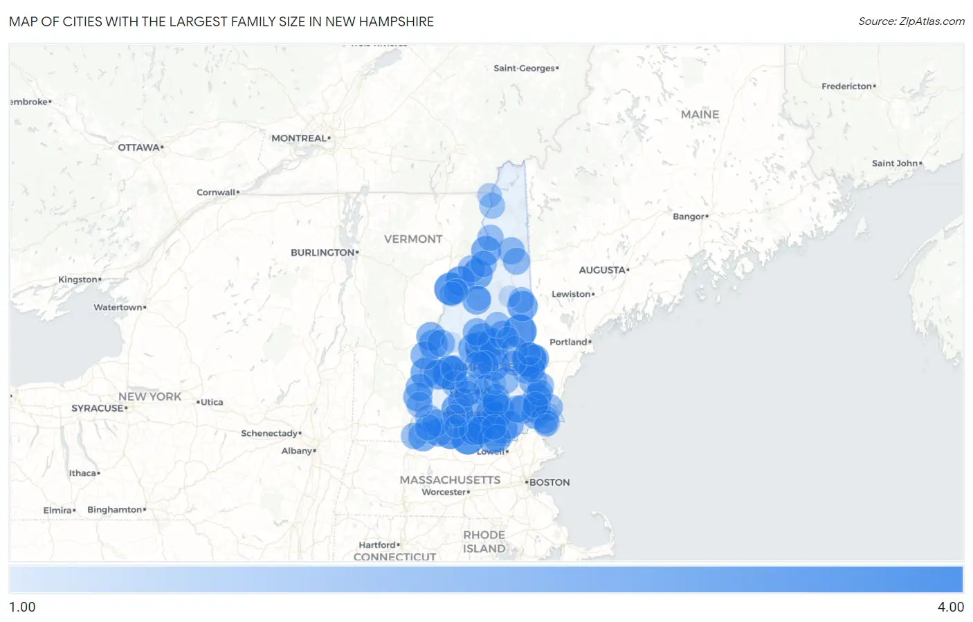 Cities with the Largest Family Size in New Hampshire Map