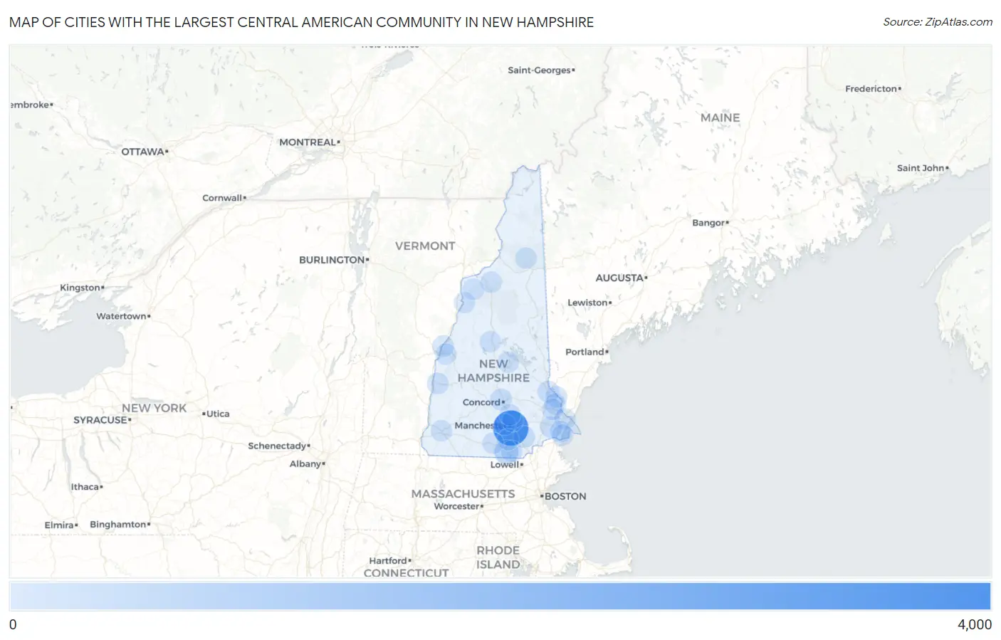 Cities with the Largest Central American Community in New Hampshire Map