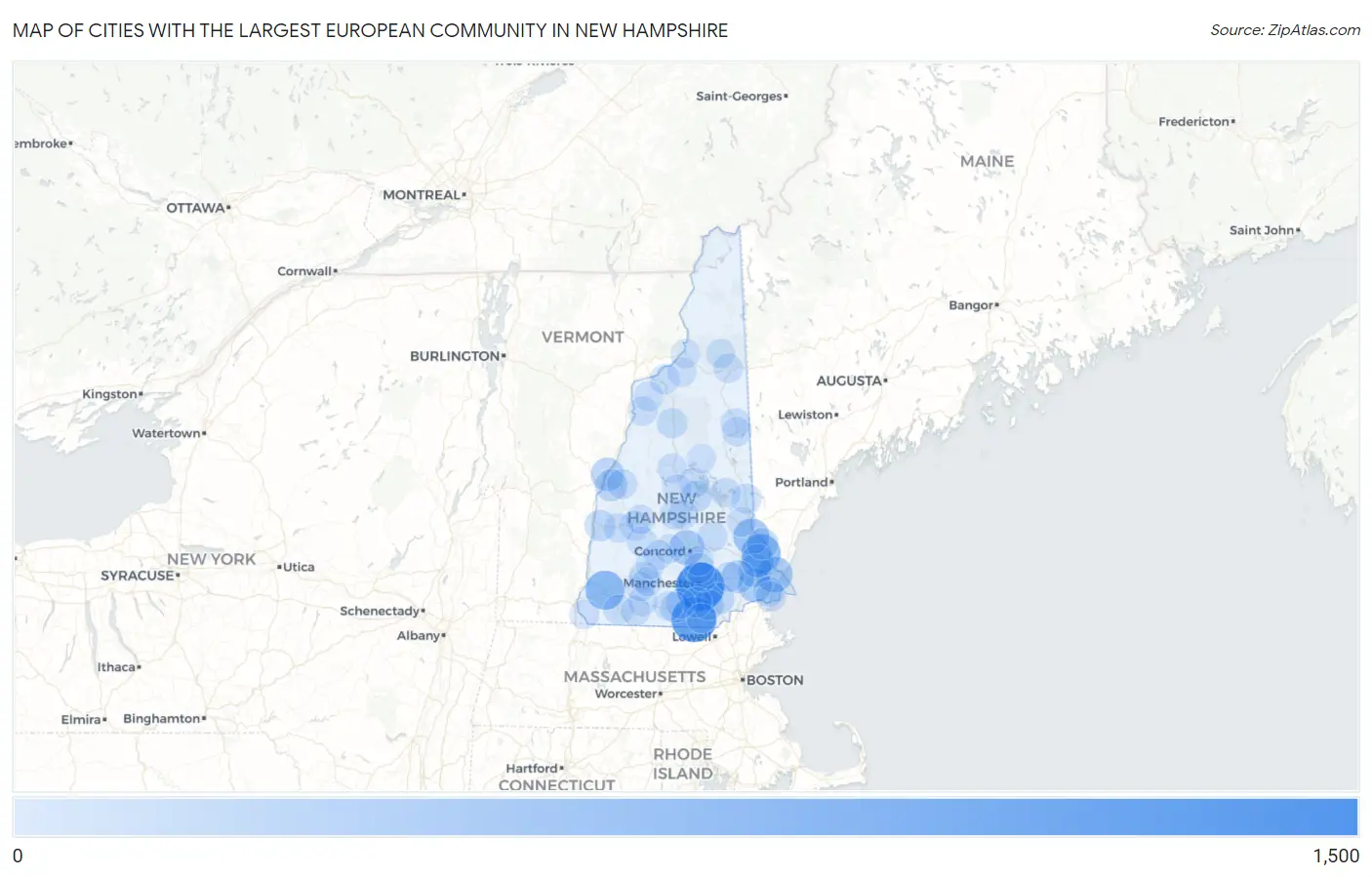Cities with the Largest European Community in New Hampshire Map