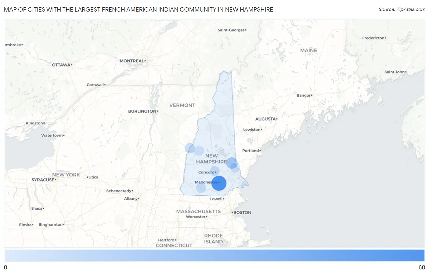 Cities with the Largest French American Indian Community in New Hampshire Map