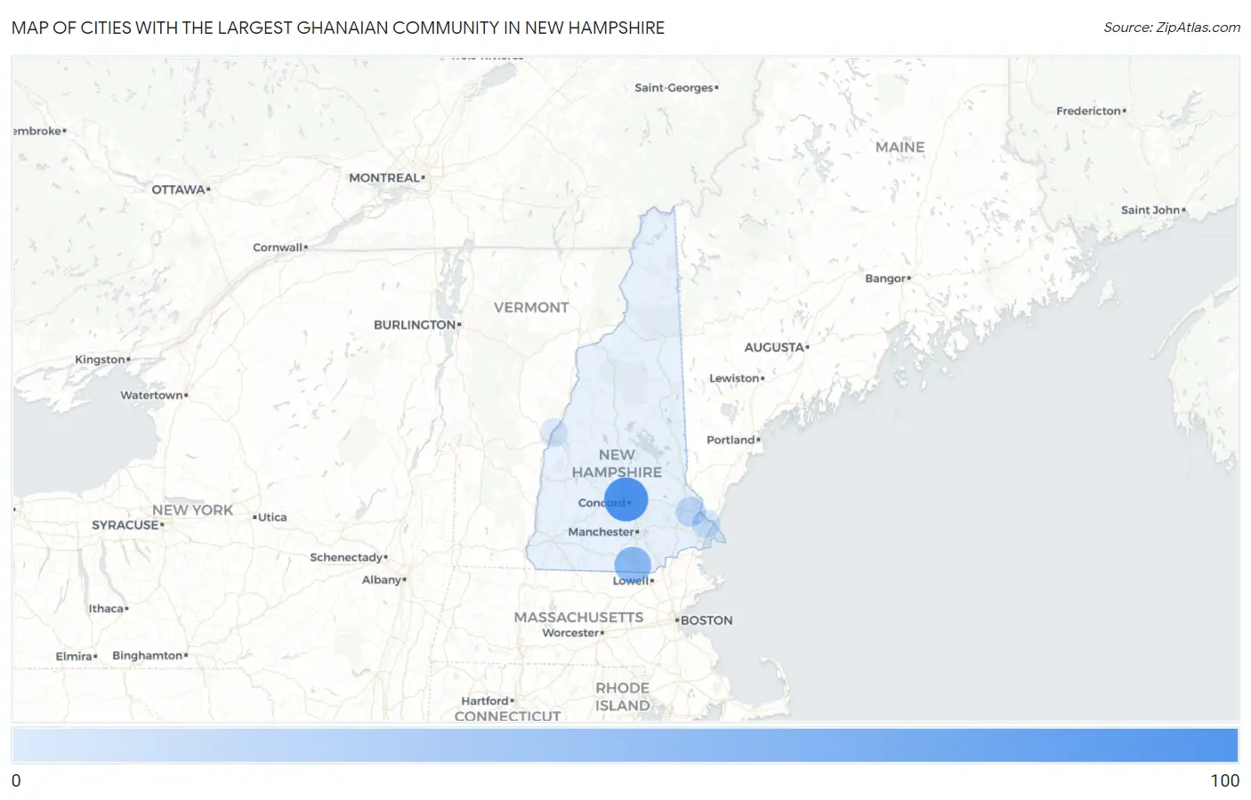 Cities with the Largest Ghanaian Community in New Hampshire Map