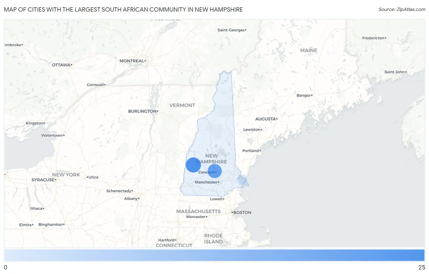 Cities with the Largest South African Community in New Hampshire Map