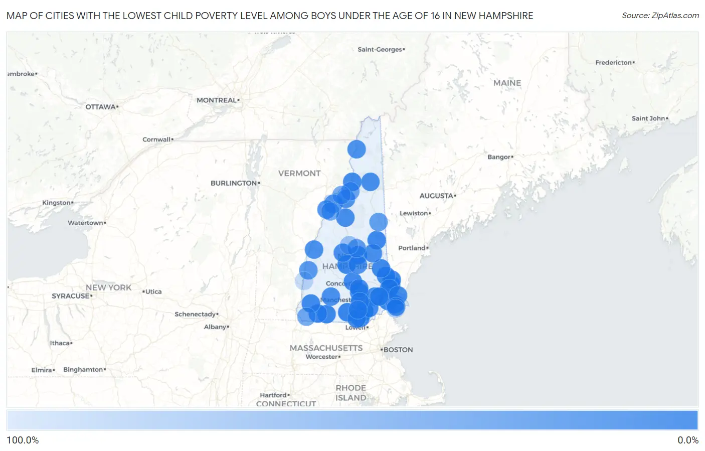 Cities with the Lowest Child Poverty Level Among Boys Under the Age of 16 in New Hampshire Map