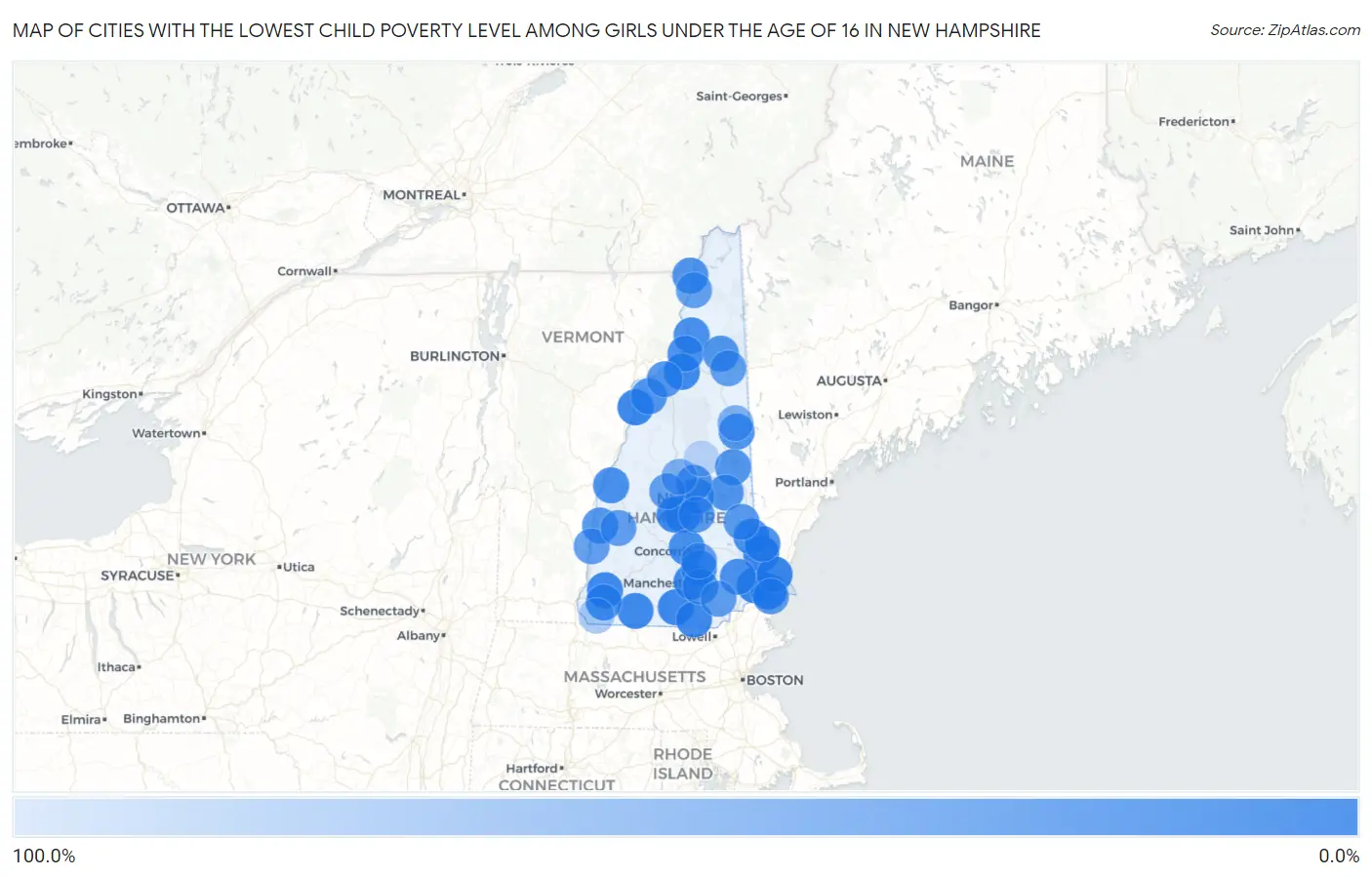 Cities with the Lowest Child Poverty Level Among Girls Under the Age of 16 in New Hampshire Map