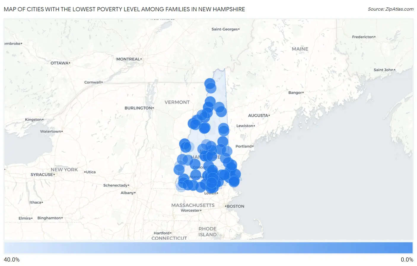 Cities with the Lowest Poverty Level Among Families in New Hampshire Map